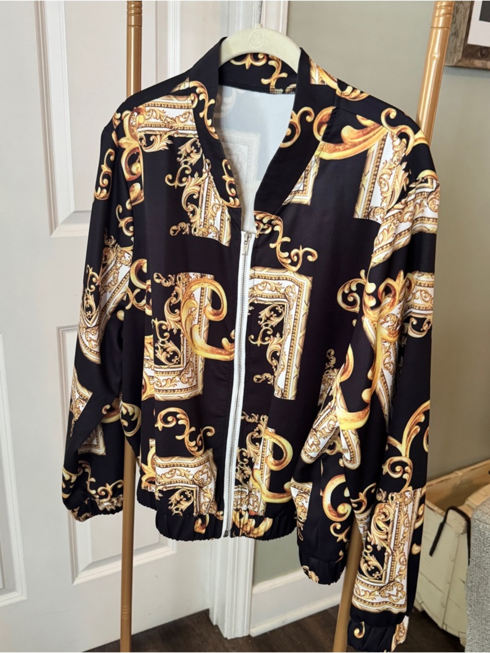 Black & Gold Baroque Zip Bomber Jacket - Women